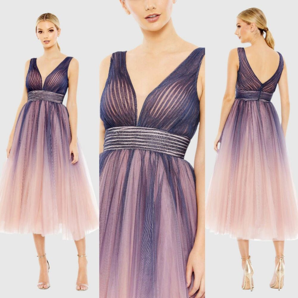 Mac Duggal Ombre Purple Sleeveless V Neck Size 14 Midi Dress 20403 New